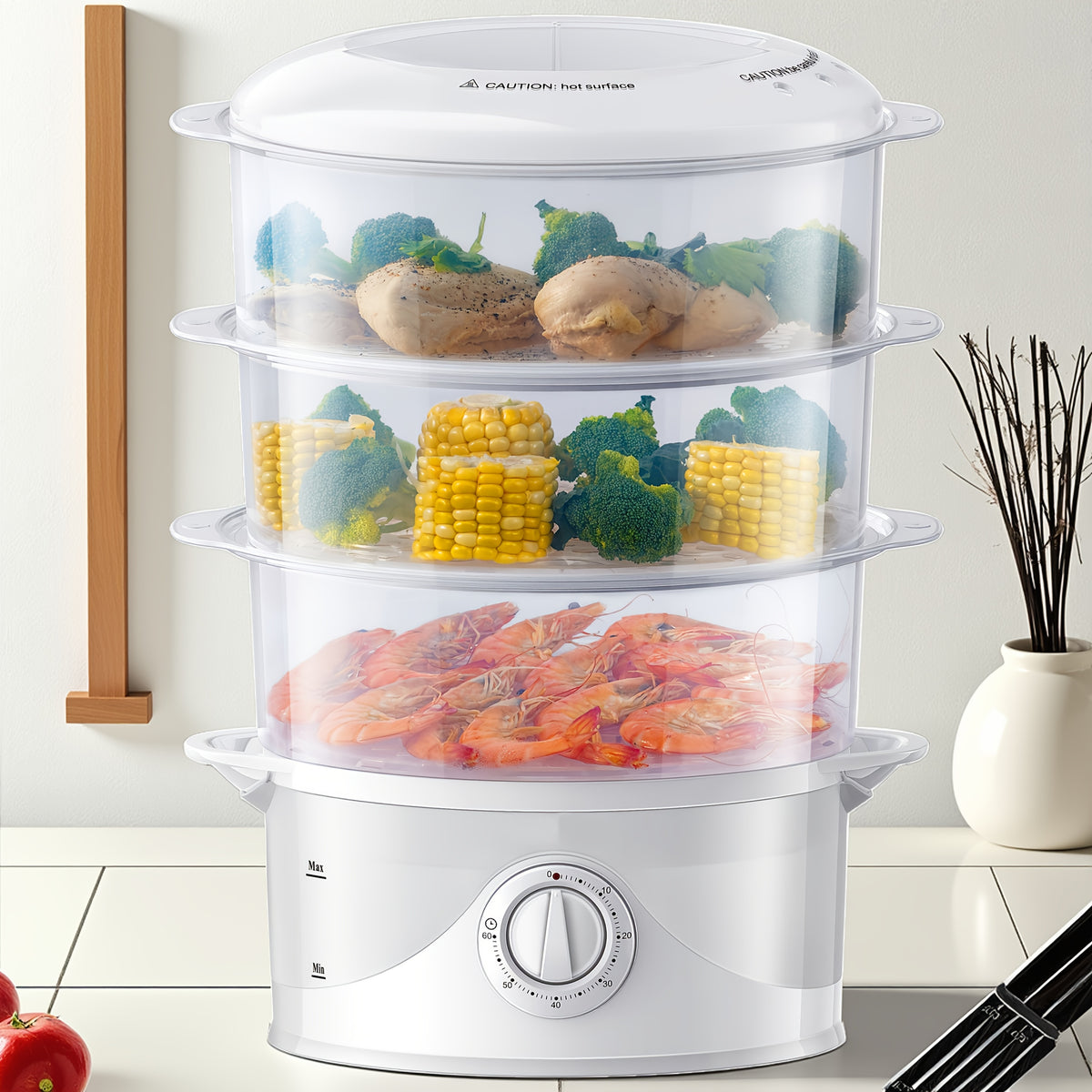 Electric Food Steamer with 3 Tiers, 9.6QT Capacity and 800W Power, White Vegetable and Dumpling Steamer with 60-Minute Timer and Boil-Dry Protection