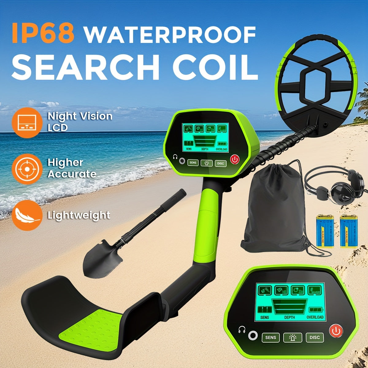 Outdoor Metal Detector with Listed 8-Inch Search Coil, LCD Display and Four Modes, Green, Yellow or Basic Version Options for Garden and Yard Hobby Searching