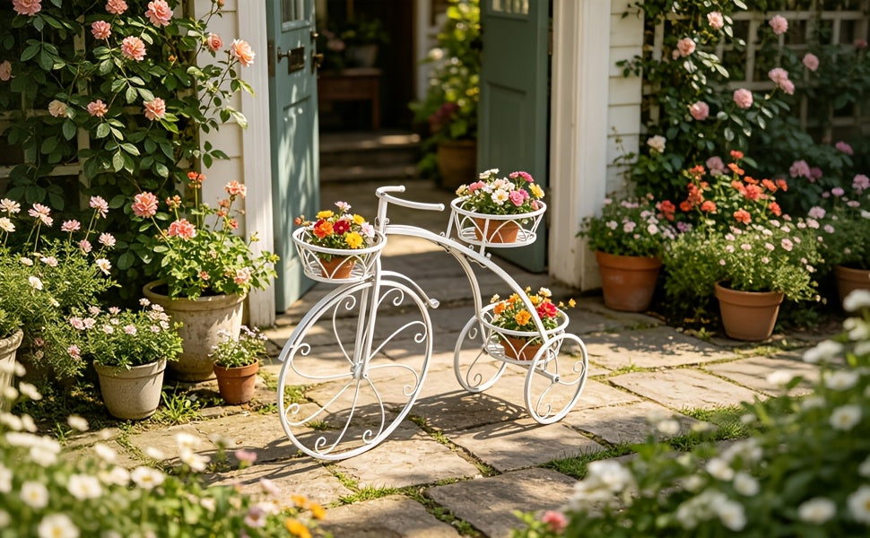 Tricycle Plant Stand in Black or White with Three Iron Pot Holders, Decorative Bicycle Flower Display with Fixed Wheels for Home and Suitable Patio Spaces