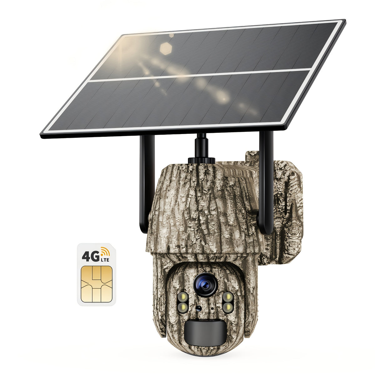 2K Cellular Trail Camera with Solar Panel and SIM Card, Listed 4G LTE Remote Pan Tilt, Spotlight Color Night Vision and Two-Way Audio in Camouflage One- or Two-Camera Packs