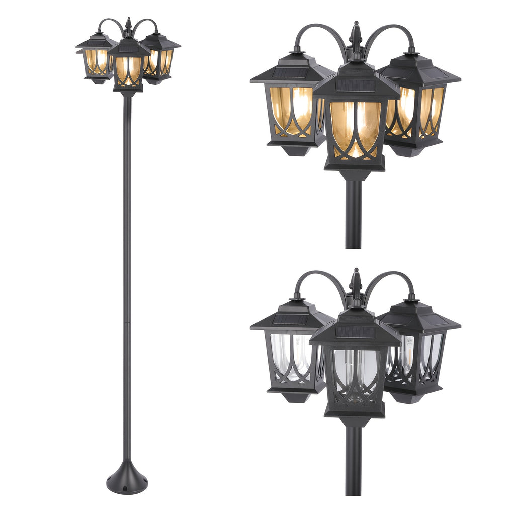 Solar Outdoor Post Light in Black with Three Heads, Warm White Edison Bulbs and Listed 73-Inch Adjustable Height, Single Concrete-Mounted Lamp for Patio Decor
