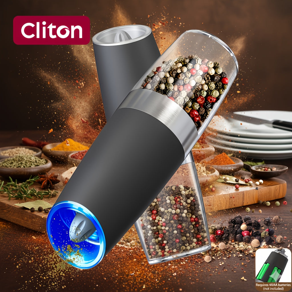 Electric Salt and Pepper Mill with Adjustable Coarseness and LED Light for Kitchen Seasoning, Single or Two-Piece Selections with Gravity-Sensing and USB Option Labels