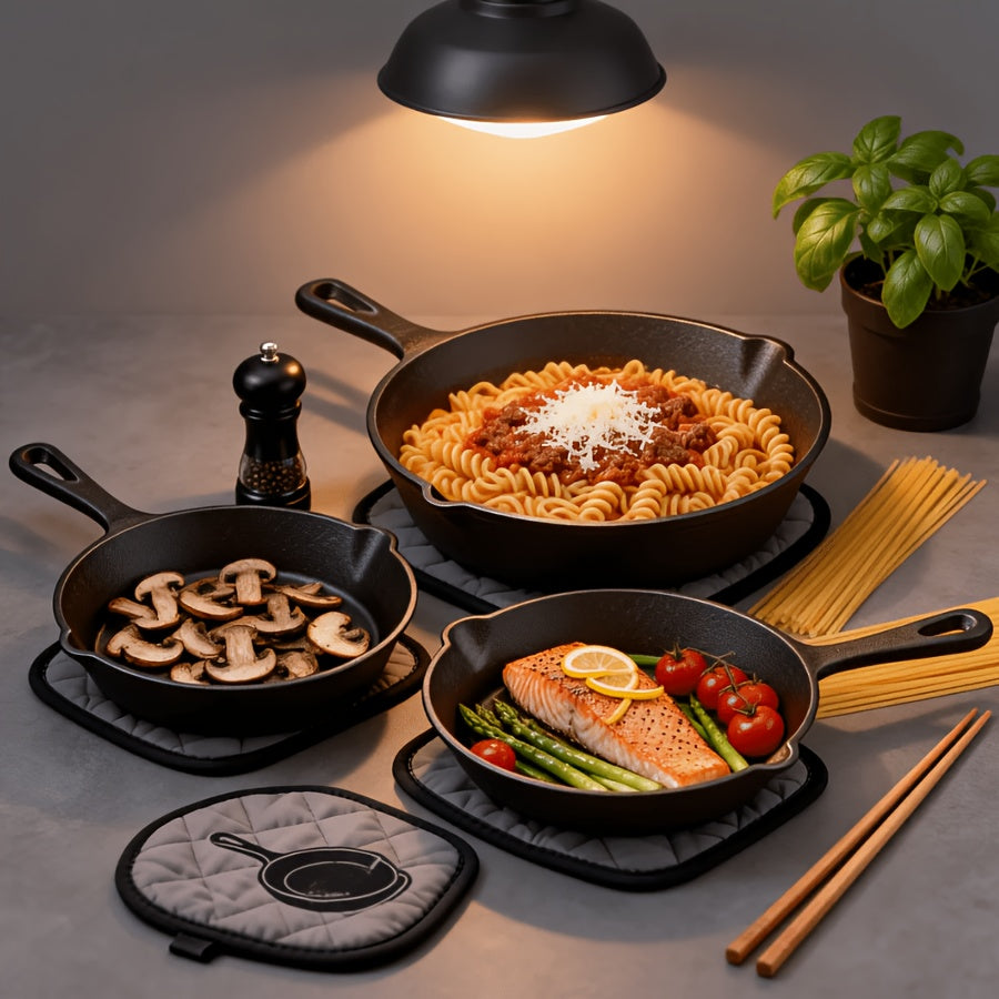 Cast Iron Skillet Set, 3-Piece Pre-Seasoned Round Pans with Handles for Stovetop Meals, Steak and Omelette Cooking, Camping and Compatible Grill Use