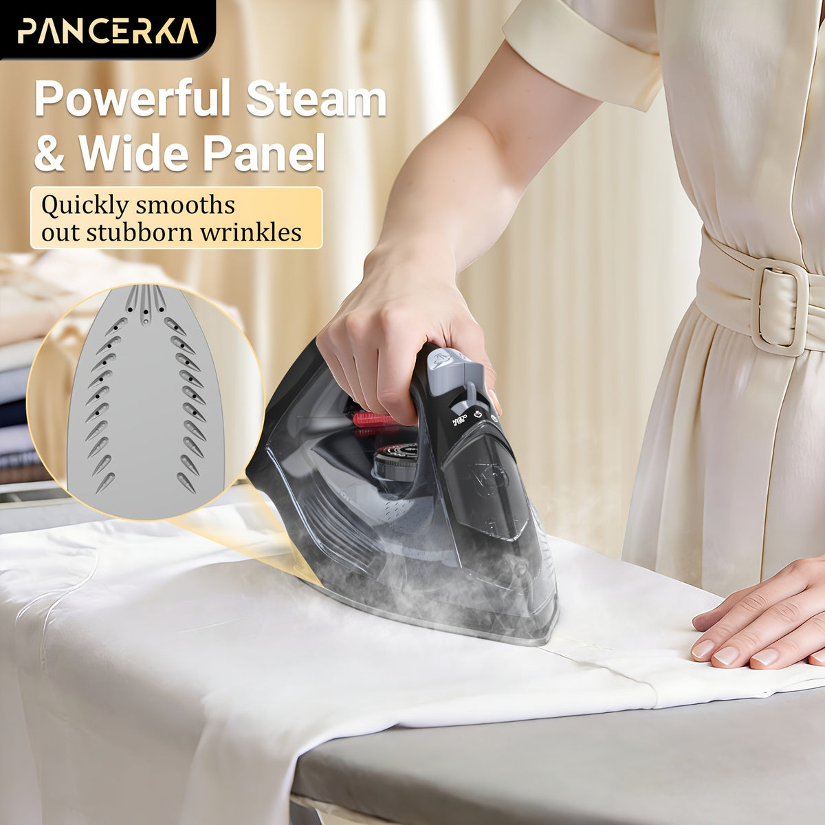 Adjustable Thermostat Steam Iron by PANCERKA, Black Clothes Iron with Listed 1200W Power, Nonstick Soleplate, Variable Steam Control and Overheat Protection Wording