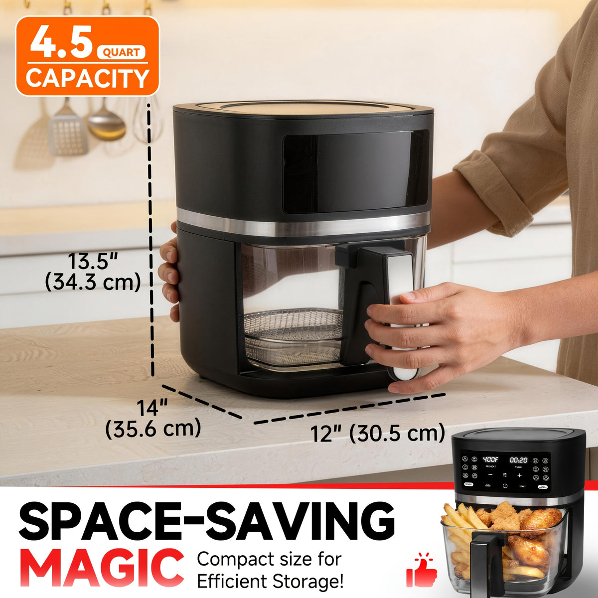 Glass Air Fryer 4.5QT, Non-Toxic 12-in-1 Air Fryer with Dishwasher-Safe Glass Basket, PFOA PFAS Free, Programmable Time and Temperature, Graphite Countertop Cooker