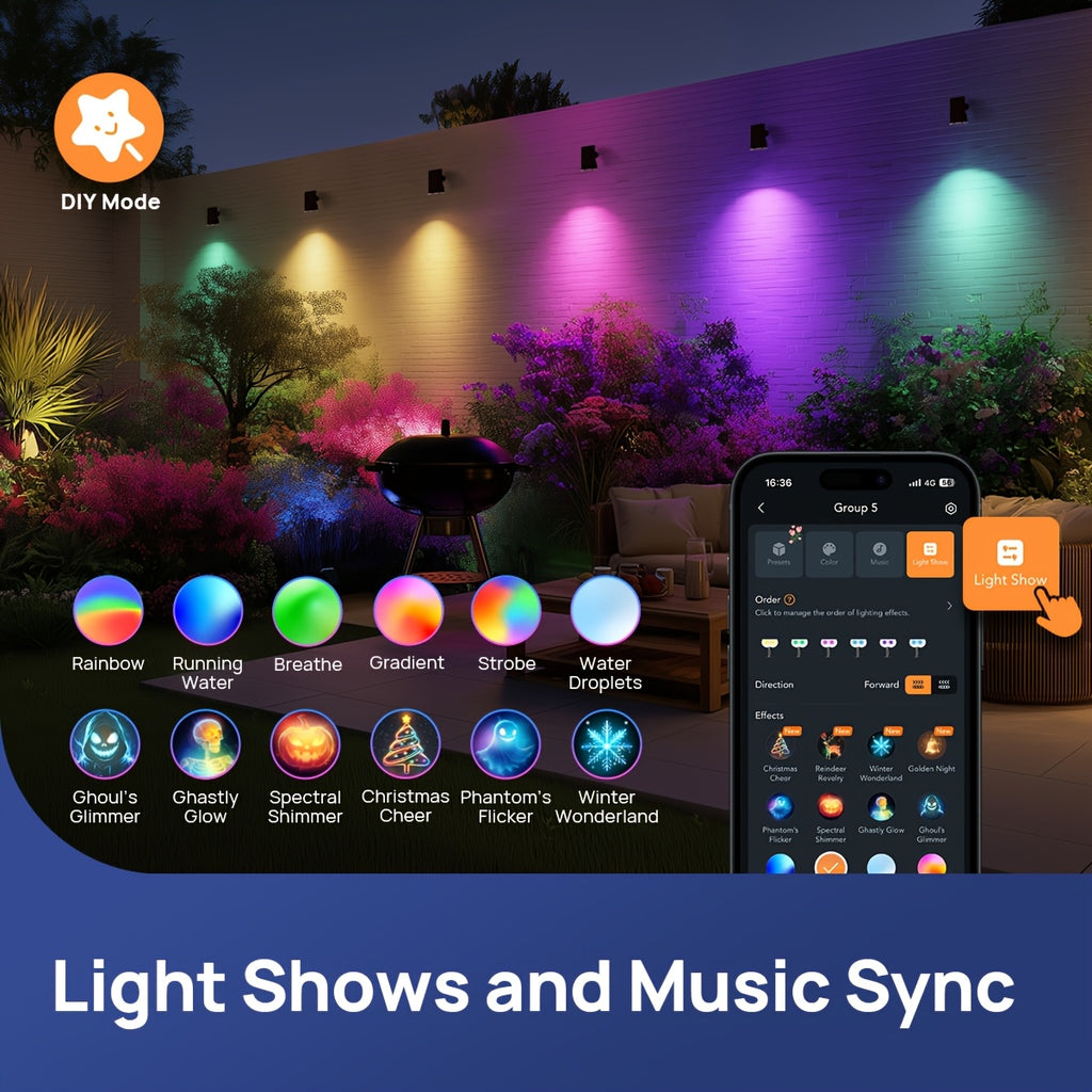 Smart Solar RGB Spotlights with Listed AiDot App Control, Adjustable White Light, Music Sync and Scheduling, Multicolor Two-, Four- or Six-Piece Package Labels