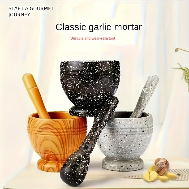Manual Garlic and Spice Grinder with Pestle, PP Kitchen Set in Wood Color or Granite Color for Hand Crushing Herbs and Everyday Meal Preparation