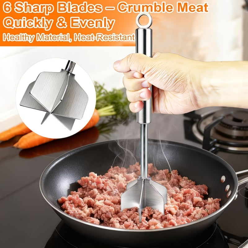 Six-Blade Stainless Steel Meat Chopper with Listed 304 Steel Construction, Single Manual Ground Beef Masher and Potato Mixing Tool for Home Meal Prep
