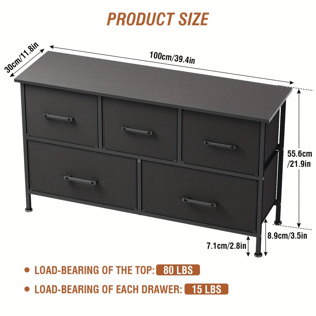 Fabric Drawer Dresser with 5, 8 or 9 Drawers, Steel Frame and Wooden Top for Bedroom, Closet and Entryway Storage in Black, Grey or Nature