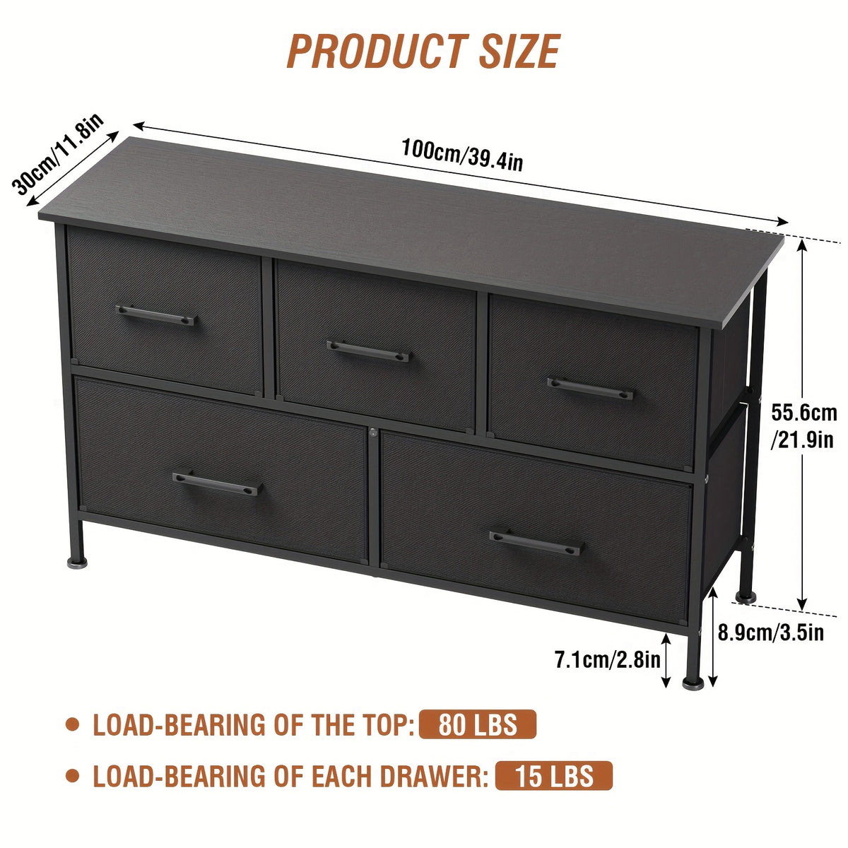 Fabric Drawer Dresser with 5, 8 or 9 Drawers, Steel Frame and Wooden Top for Bedroom, Closet and Entryway Storage in Black, Grey or Nature