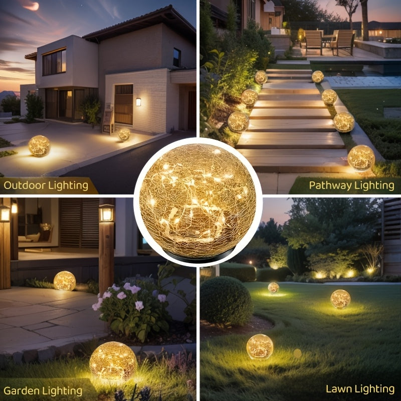 Solar Globe Garden Lights with Crackle Glass Balls and Ground Stakes, Four-Piece Large-Size Set in Warm or Colorful Options for Patio and Border Decor