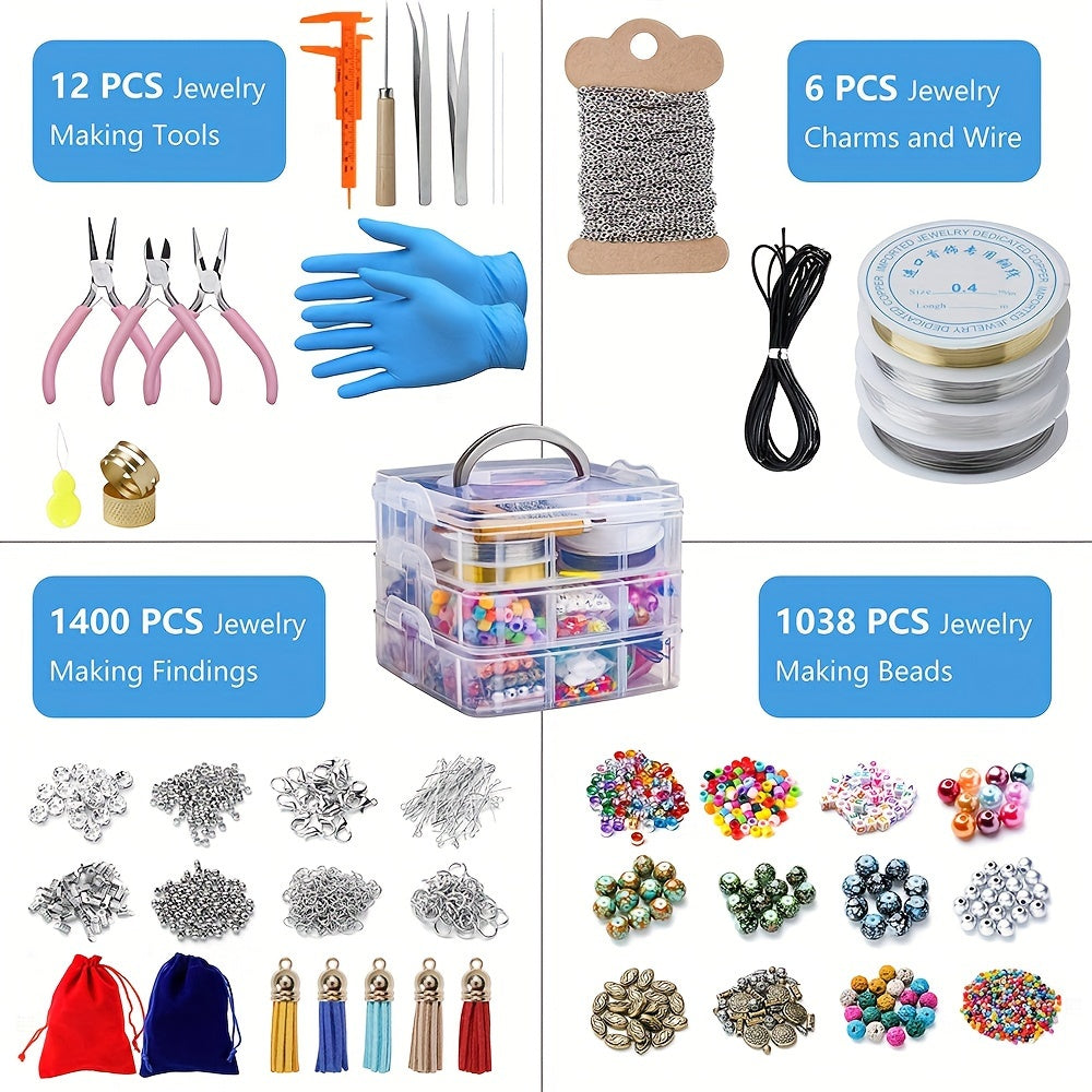 Beaded Jewelry Making Kit for Beginners, Listed 2456-Piece Assortment with Metal Accessories, Fringe and Crafting Tools for DIY Bracelets, Necklaces and Handmade Gifts