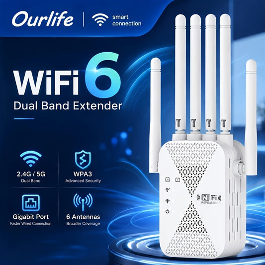 WiFi 6 Range Extender with 6 Antennas, Compact Wireless Signal Booster and Repeater for Home Office and Coffee Shop Network Coverage