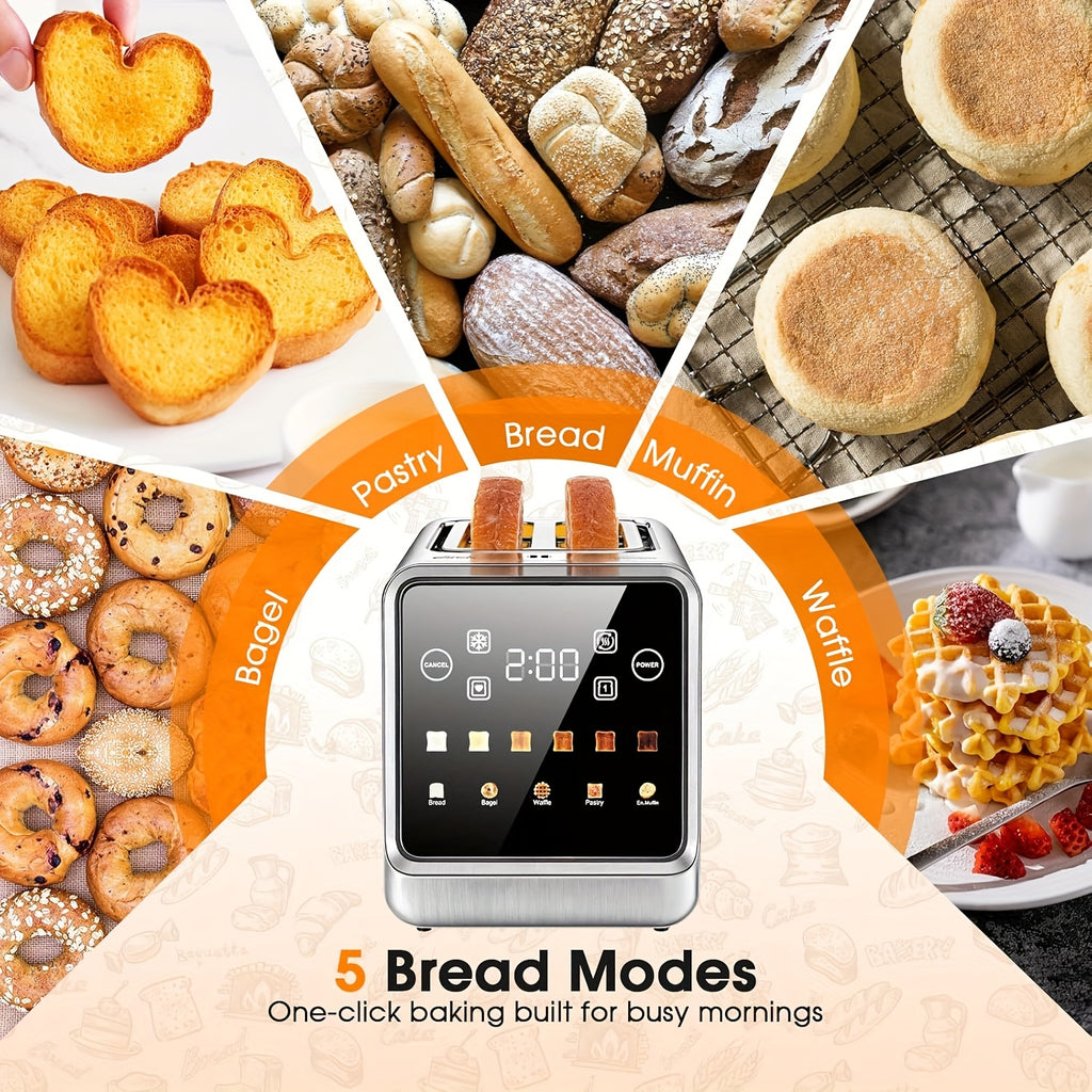 Digital Touchscreen Toaster, 2-Slice 900W Stainless Steel Model with 1.5-Inch Wide Slots, Memory Function, 5 Bread Types and 6 Shade Settings