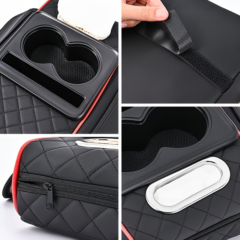 Car Armrest Storage Cover in PU Leather with Two Side Pockets and Two Cup Holders, Center Console Organizer with Tissue Bundle and Refill Options