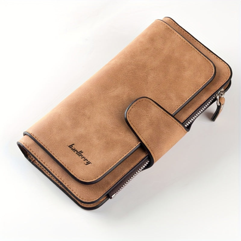 Women's Long Trifold Wallet in Synthetic Leather with 14 Listed Card Slots, Two Photo Slots, Snap Closure and Interior Zipper Pocket in Six Solid Colors