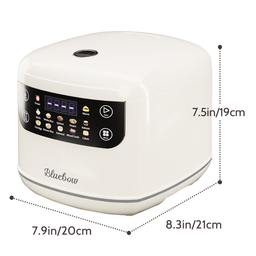White LCD Rice Cooker by Bluebow with Listed 2L Capacity, Ten Menu Options, Nonstick Aluminum Inner Pot, Automatic Keep Warm and 24-Hour Delay for Small Households