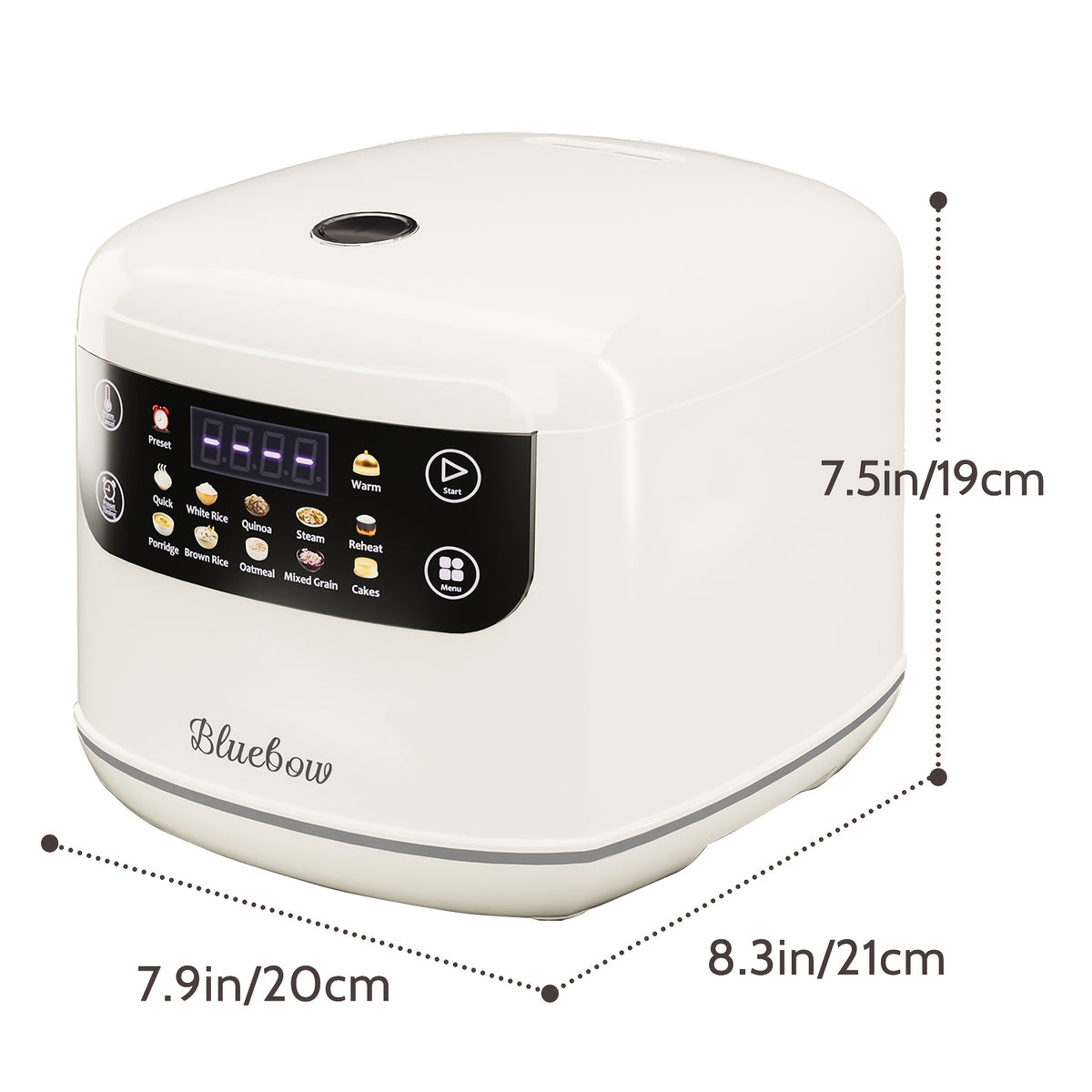 White LCD Rice Cooker by Bluebow with Listed 2L Capacity, Ten Menu Options, Nonstick Aluminum Inner Pot, Automatic Keep Warm and 24-Hour Delay for Small Households