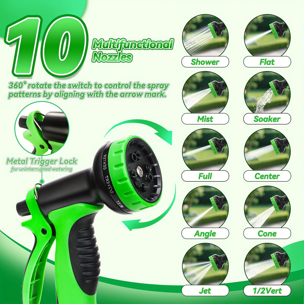 Metal Outdoor Watering Hose with Listed Stainless Steel Design, 50ft or 100ft Options and Ambiguous Three-Fitting and Ten-Function Nozzle Wording for Garden Care