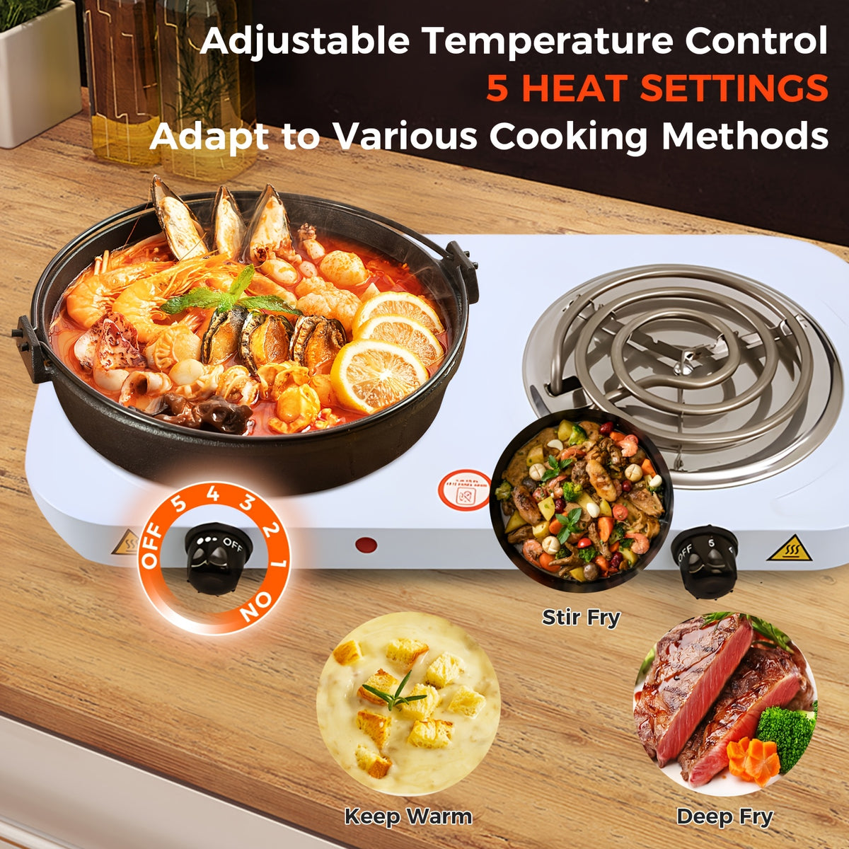 2000W Electric Double Burner Hot Plate, Listed 110V Countertop Stove with Five Adjustable Heat Settings and Black or White Options for Home Kitchen Cooking