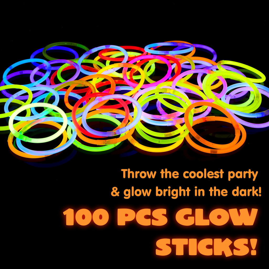 Glow Sticks Party Pack by SYNCFUN, 100 Eight-Inch Sticks with 100 Connectors and Seven Listed Colors for Bracelets, Necklaces and Holiday Celebrations