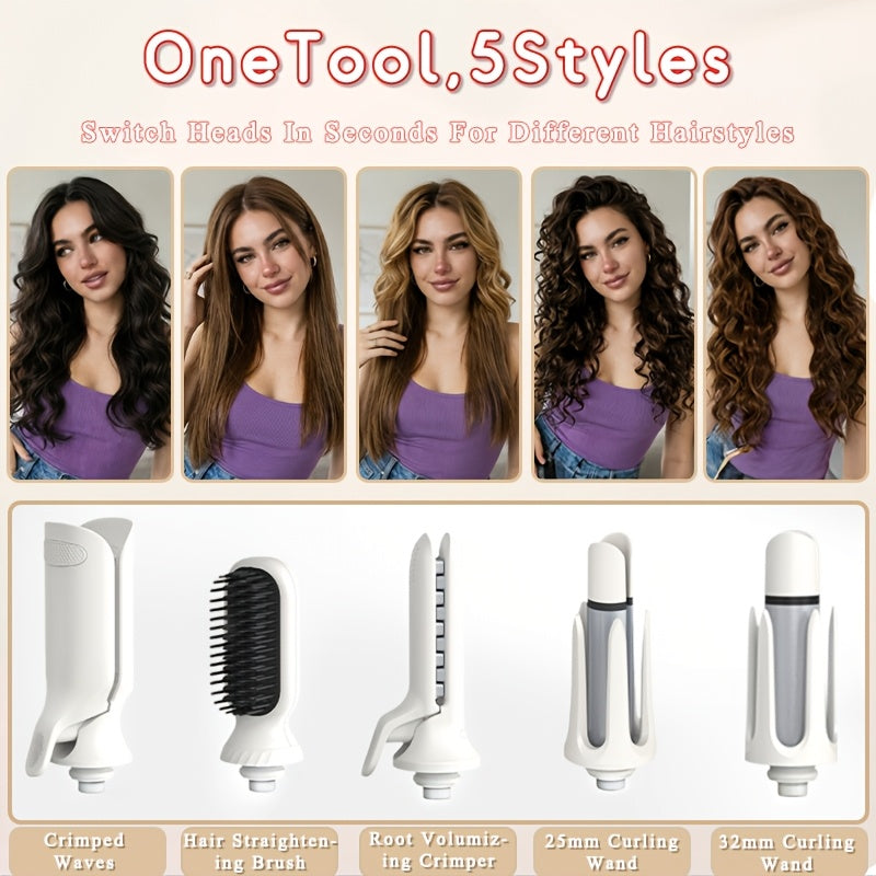 Interchangeable Curling Iron Set 5-in-1 with 25mm and 32mm Wands, Straightening Brush, Wave Styling Head and Root Volumizing Crimper for Home Hair Styling