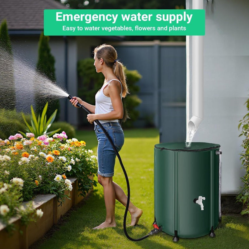 Rain Barrel Water Collection Tank with Multiple Listed Capacities, Plastic Garden Water Storage Container in Black or Green for Backyard Watering and Lawn Care