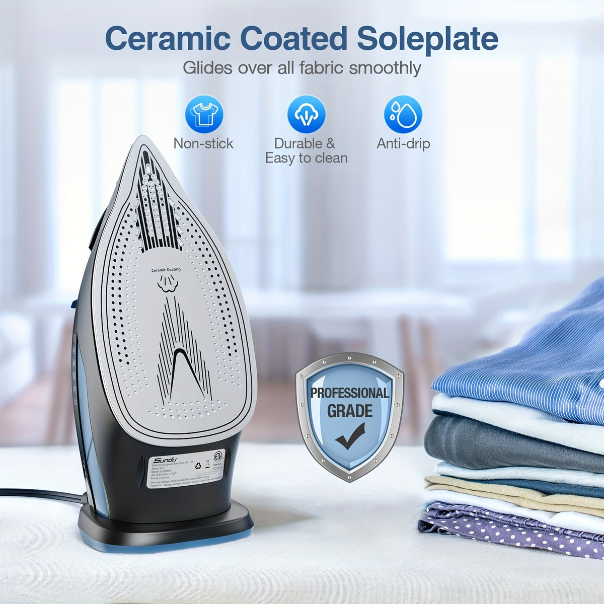 Steam Iron for Clothes 1700W in Blue with Ceramic-Coated Soleplate, Adjustable Thermostat, Self-Cleaning and Automatic Shut-Off for Home Garment Care