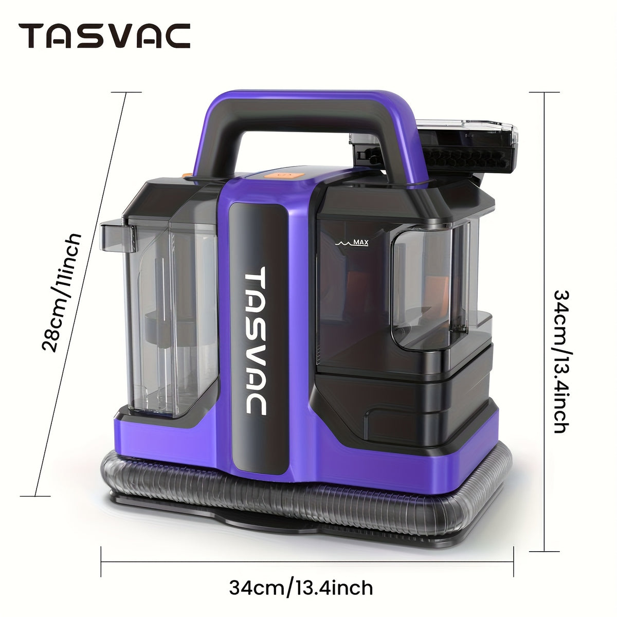 Dual-Tank Fabric Spot Cleaner with Two Listed Brush Tools and Trial Formula, TASVAC C7 Source Specifications for Carpet and Upholstery, Purple or Black Red Options
