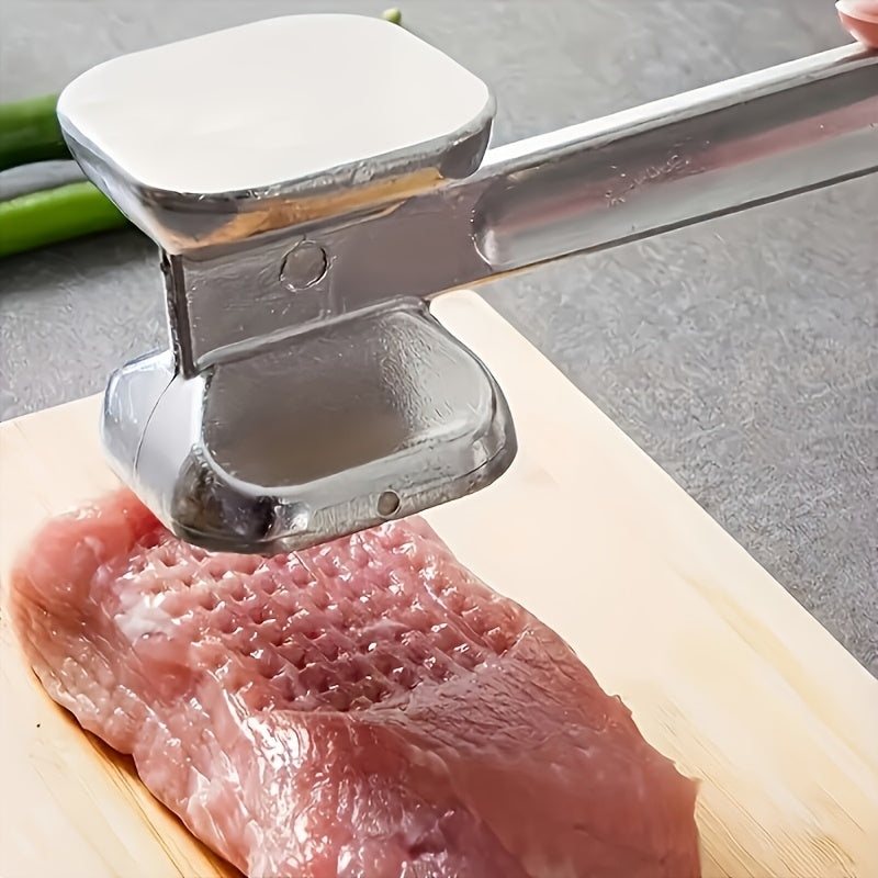 Double-Sided Meat Hammer with Listed Food Cover, Silvery Stainless Steel Manual Kitchen Mallet for Recipe-Guided Beef, Chicken and Pork Preparation