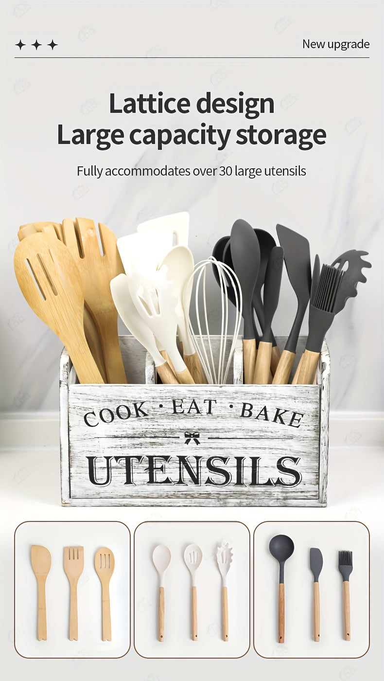 Wooden Kitchen Utensil Holder by LDQ, Rustic Countertop Organizer in Black or White with Two-Compartment Options for Forks, Spoons and Whisks