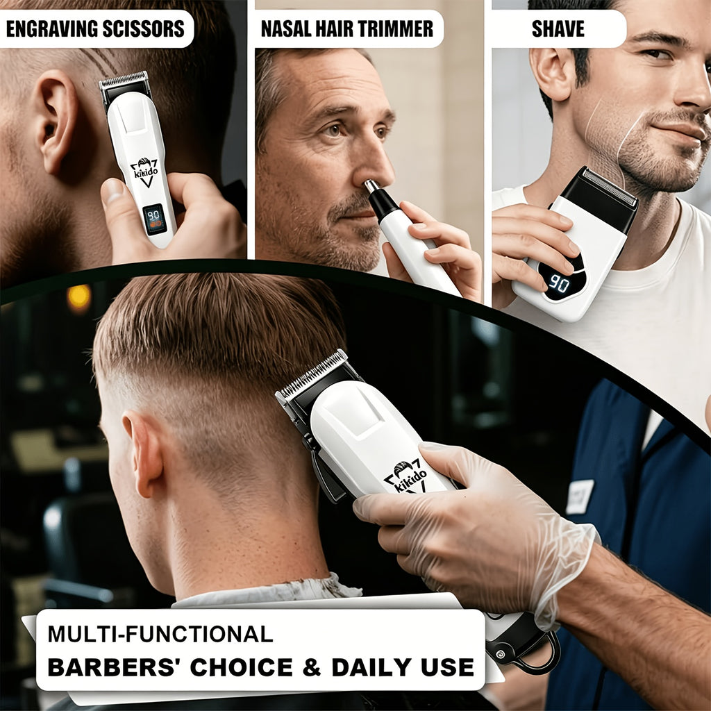 M4 Pro and M2 Pro Grooming Kit Options with Listed Electric Clipper, T-Trimmer and Shaver Wording, Black Golden or Polar White Labels for Men's Hair Care
