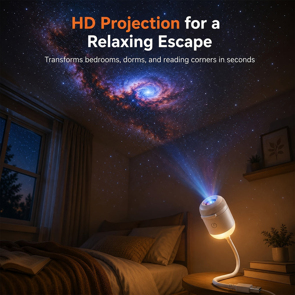 Star Projector Night Light with Static Galaxy Effect, USB-Powered Mini LED Lamp with Adjustable Brightness for Bedroom Ceilings, Walls and Cozy Indoor Decor