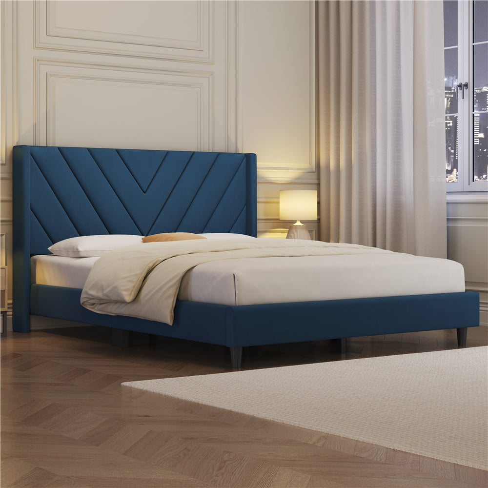 Velvet Platform Bed Frame by Costoffs with Wingback Headboard and Geometric Stitching, Wooden Slat Support, No Box Spring Needed, Twin to King Options