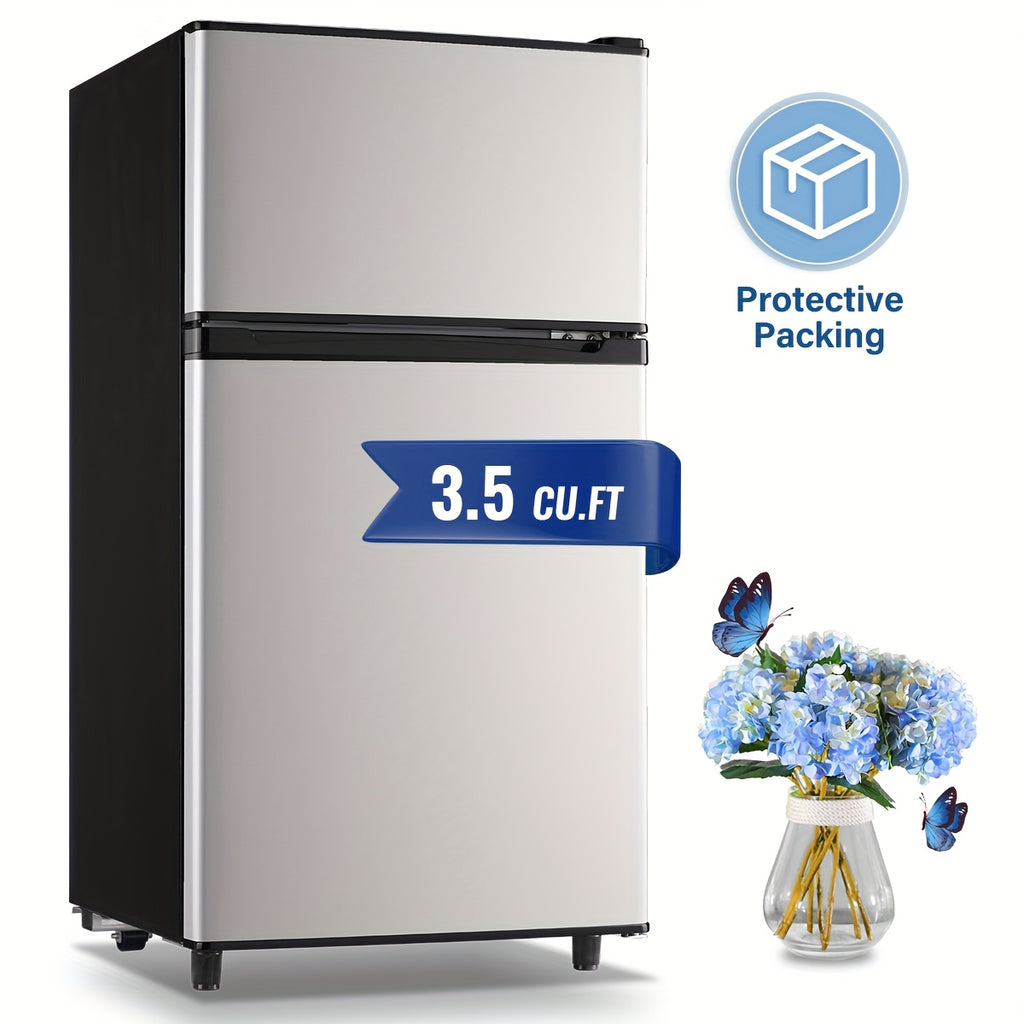 Two-Door Compact Fridge with Freezer, Silvery 2.5 or 3.5 Cu Ft Options with Seven-Level Thermostat and Removable Shelves for Dorm, Office and Bedroom Storage