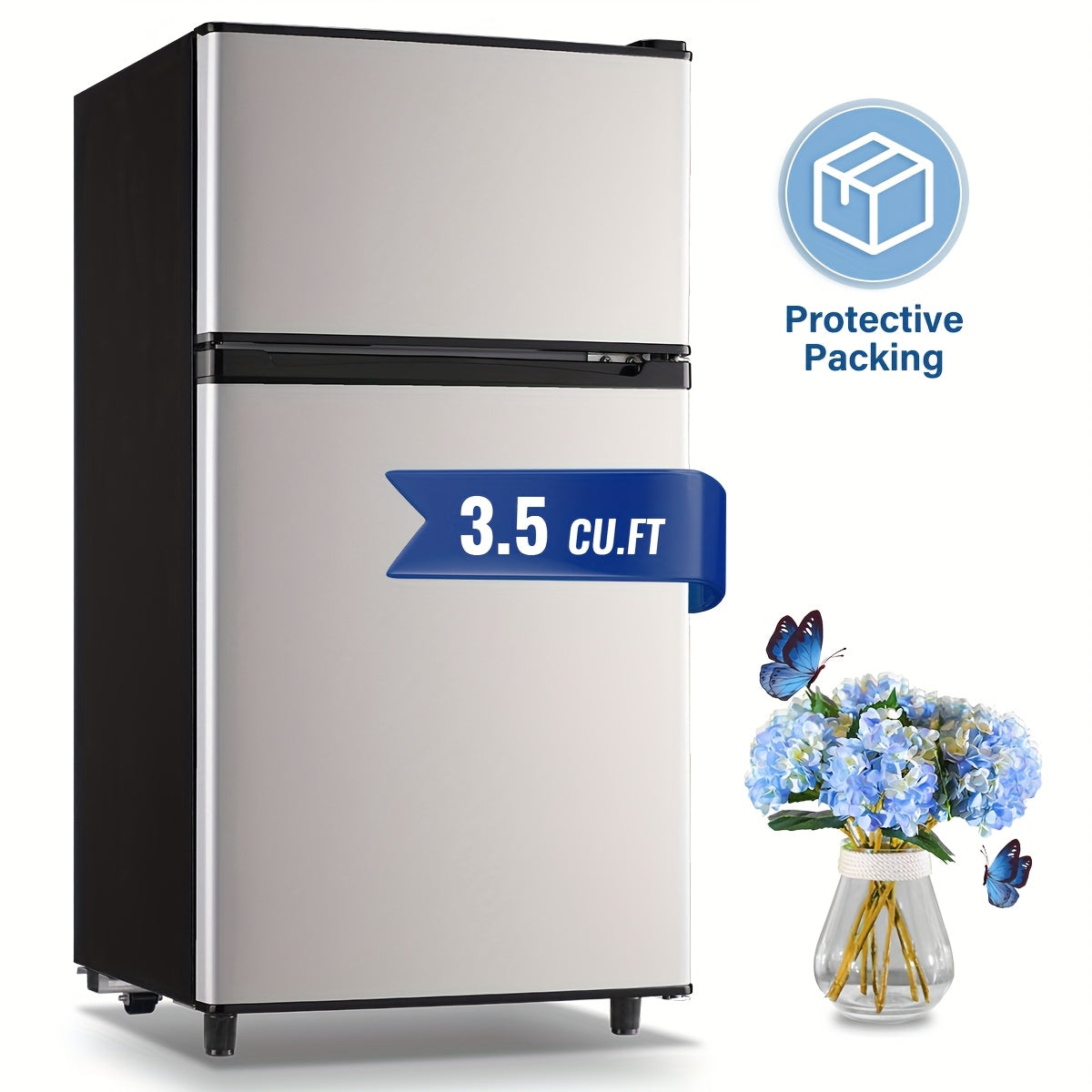 Two-Door Compact Fridge with Freezer, Silvery 2.5 or 3.5 Cu Ft Options with Seven-Level Thermostat and Removable Shelves for Dorm, Office and Bedroom Storage