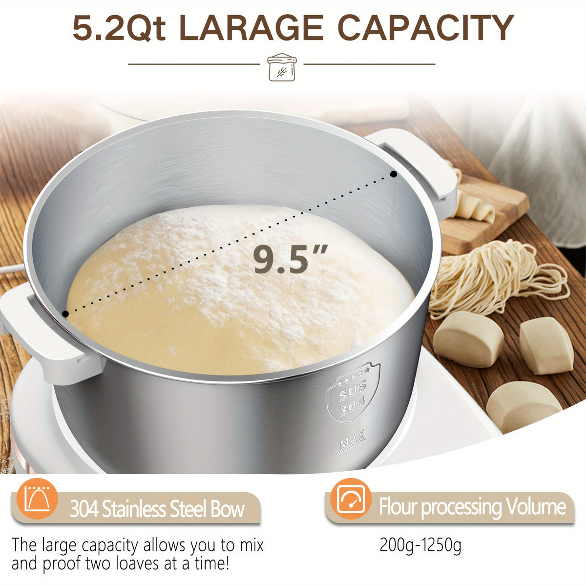 Timed Dough Mixing and Fermentation Machine in White with Listed 250W Motor, 304 Stainless Steel Bowl and Three Modes for Bread, Pizza and Home Dough Prep