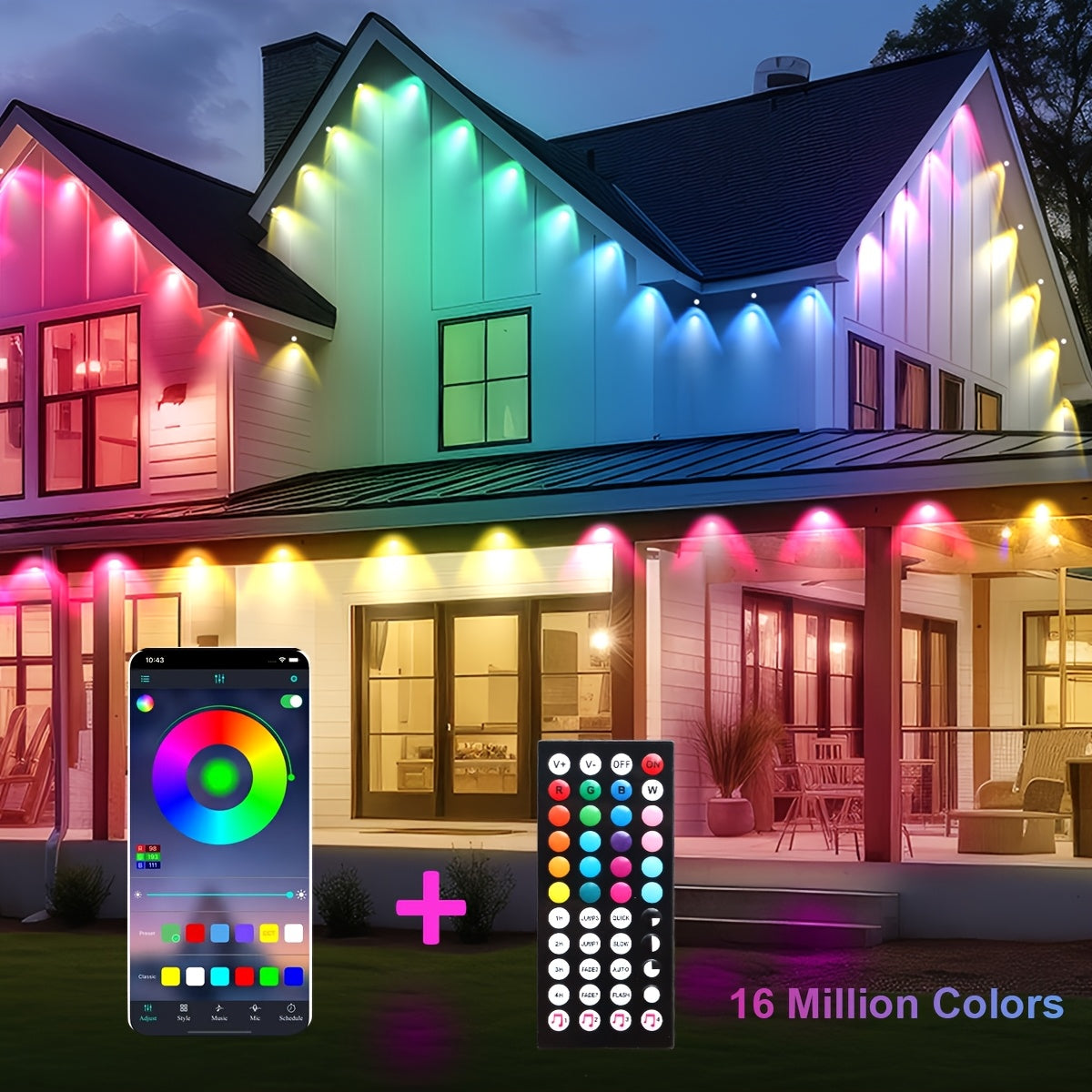RGB Multicolor Eaves Lights with App and Remote Control, Music Sync, Timer and Dimming, 49ft, 100ft or 200ft for Outdoor Holiday House Decor