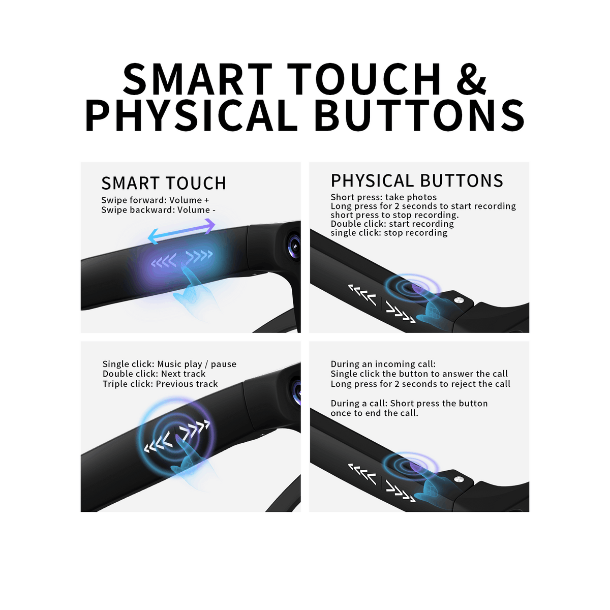 8MP Camera Smart Glasses with Three Pairs of Lenses, Black Touch-Control Eyewear with HD Video, Translation, Bluetooth Calls and Music