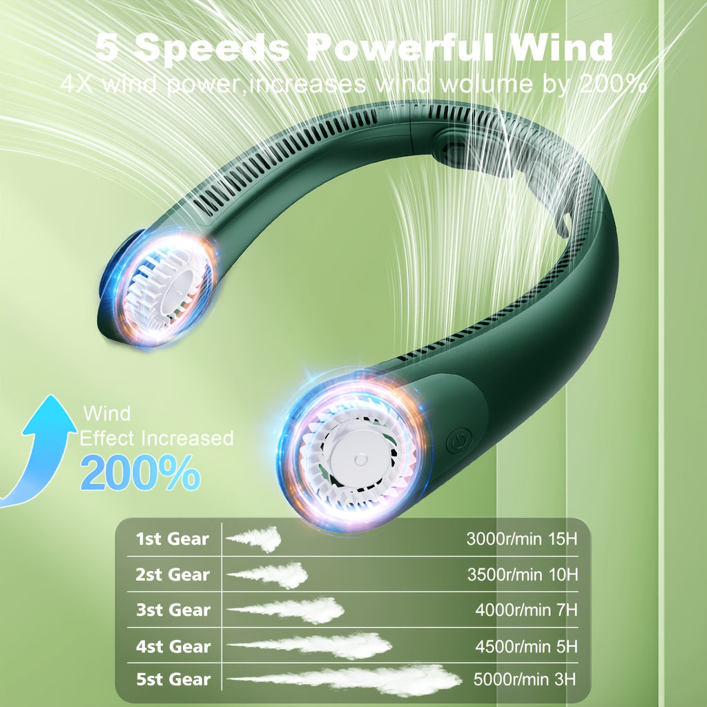Five-Speed Wearable Neck Fan FZX02, Hands-Free Personal Airflow for Indoor and Outdoor Use in Gray, Dark Blue, Blue, Green or Black for Daily Leisure