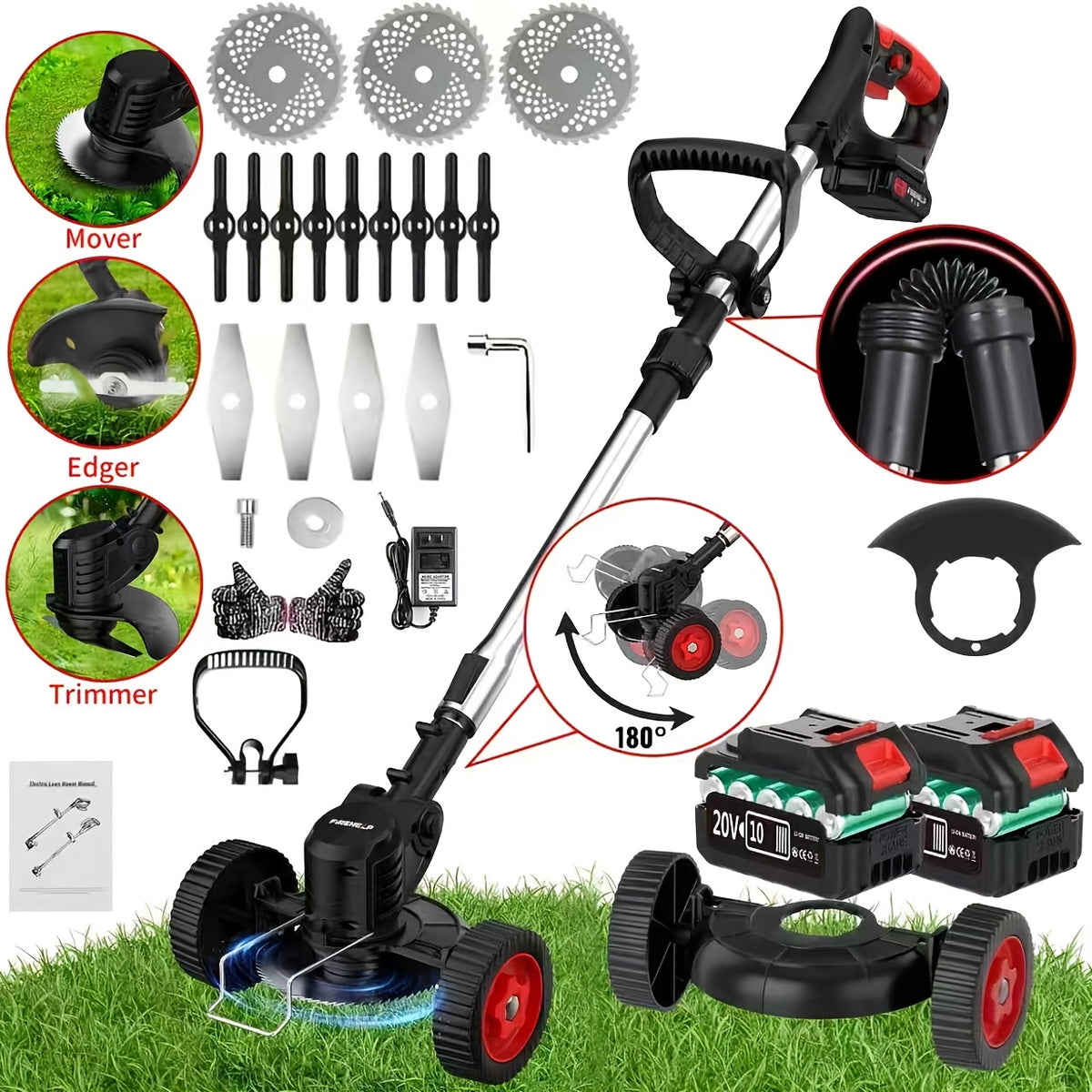 Rechargeable Garden Grass Trimmer with Cordless Electric Operation, Listed Three Blade Types and Selected Dual 2Ah Battery Packages for Home Lawn and Yard Care
