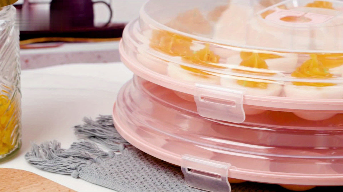 Deviled Egg Carriers with Lids and Folding Handles, Three 11.8-Inch Round Stackable PP Trays with 22 Slots Each for Party Prep, Serving and Upright Transport