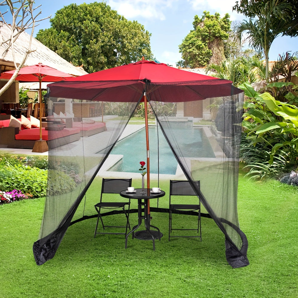 Patio Umbrella Mosquito Netting in Black for Listed 9–10-Foot Canopies, Adjustable Drawstring Screen with Zippered Entrance and Water-Fill Base Tubes