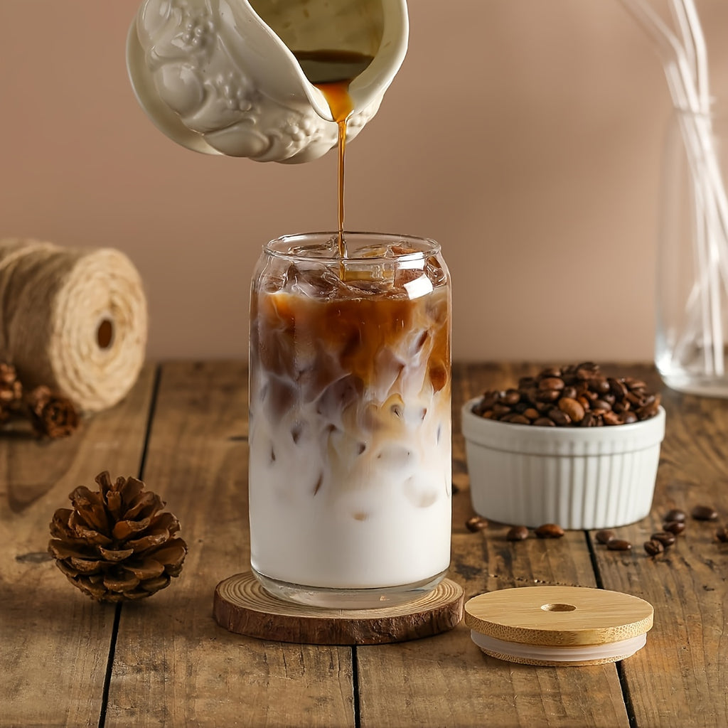 Iced Coffee Glass Set with 16oz Mason Jar Style Mugs, Bamboo Lids and Straws for Reusable Cold Beverage Serving at Home, Brunch Gatherings and Gift Giving