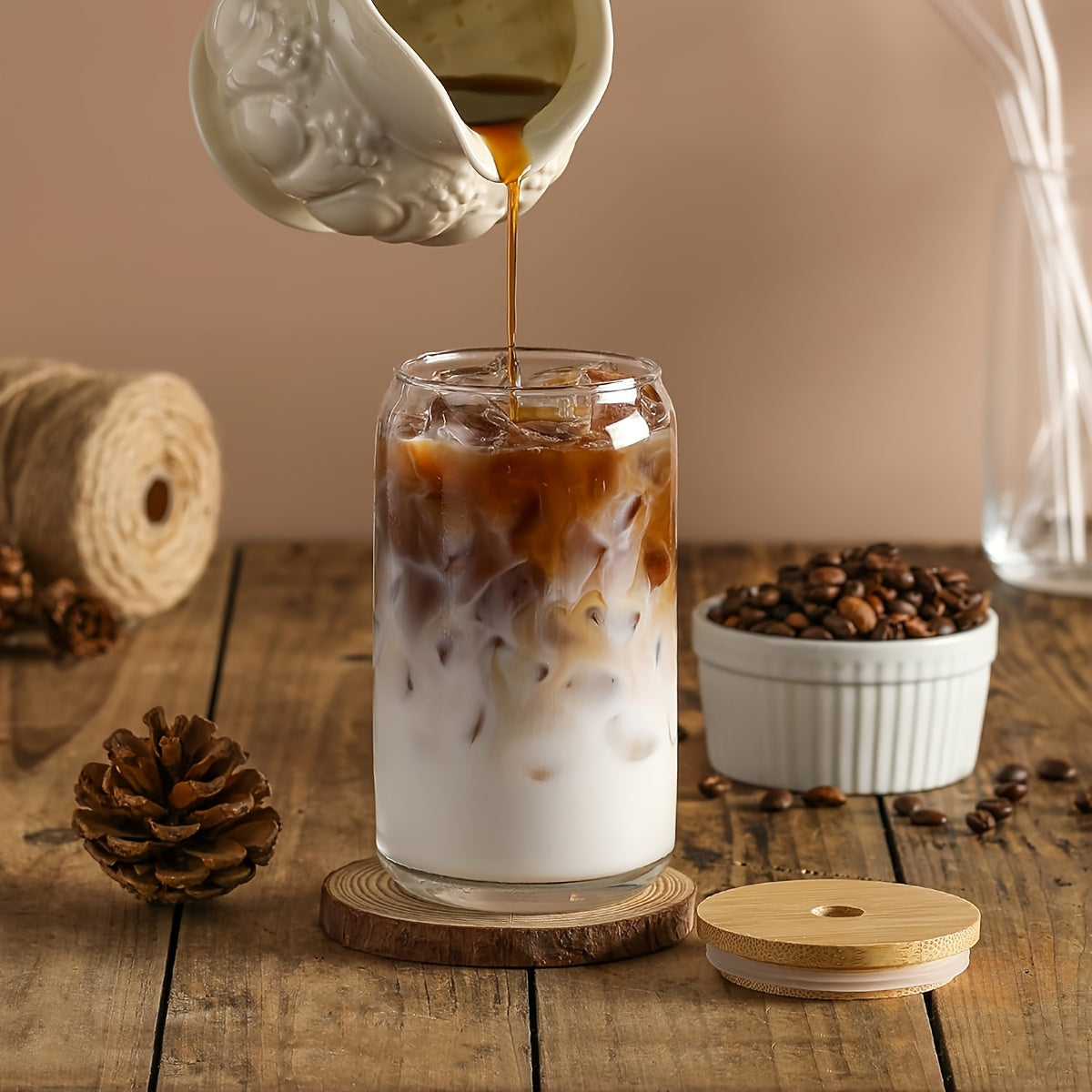 Iced Coffee Glass Set with 16oz Mason Jar Style Mugs, Bamboo Lids and Straws for Reusable Cold Beverage Serving at Home, Brunch Gatherings and Gift Giving