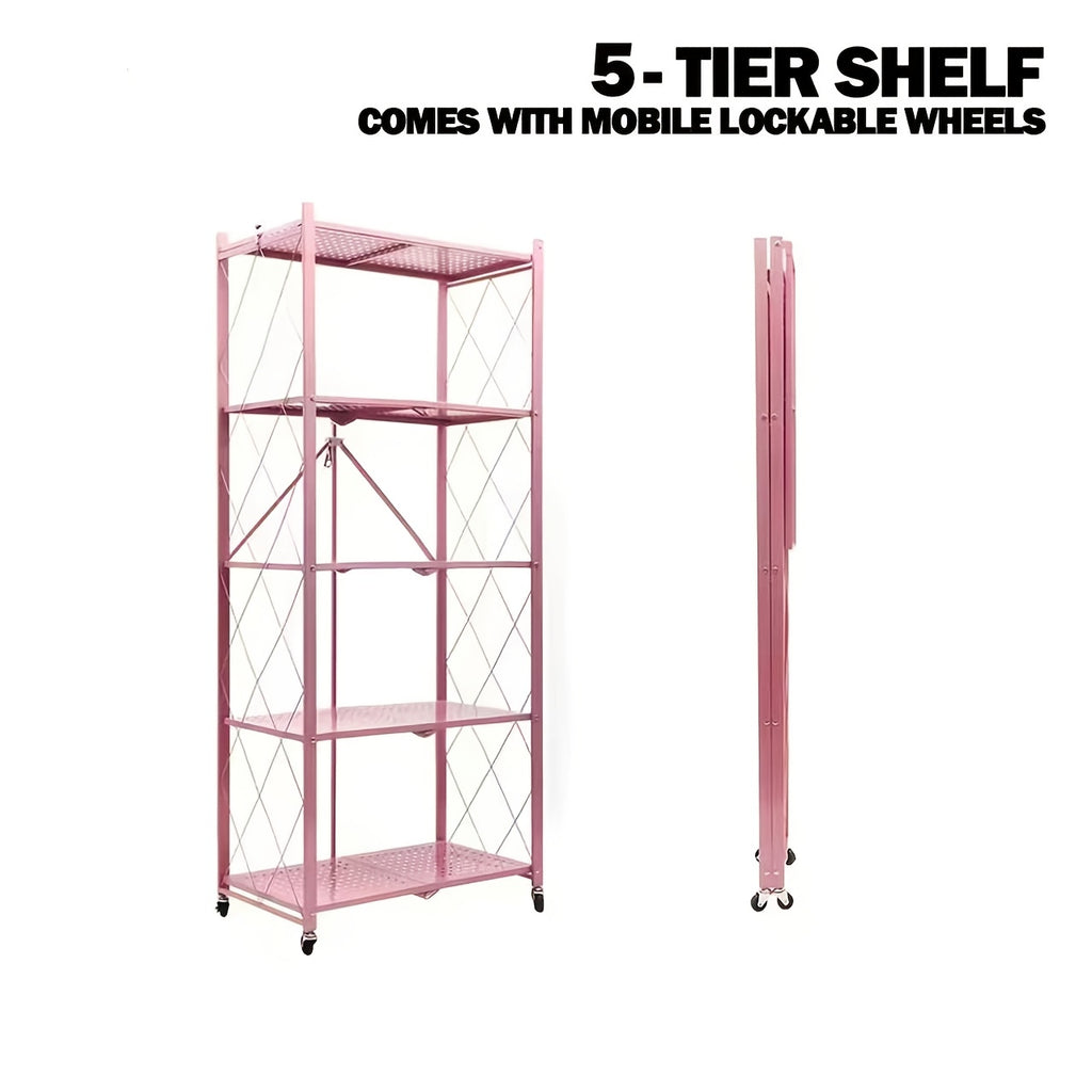 Rolling Folding Storage Rack with Metal Construction and Listed Locking Wheels, Three- to Five-Tier Model Labels for Kitchenware, Household and Dorm Organization