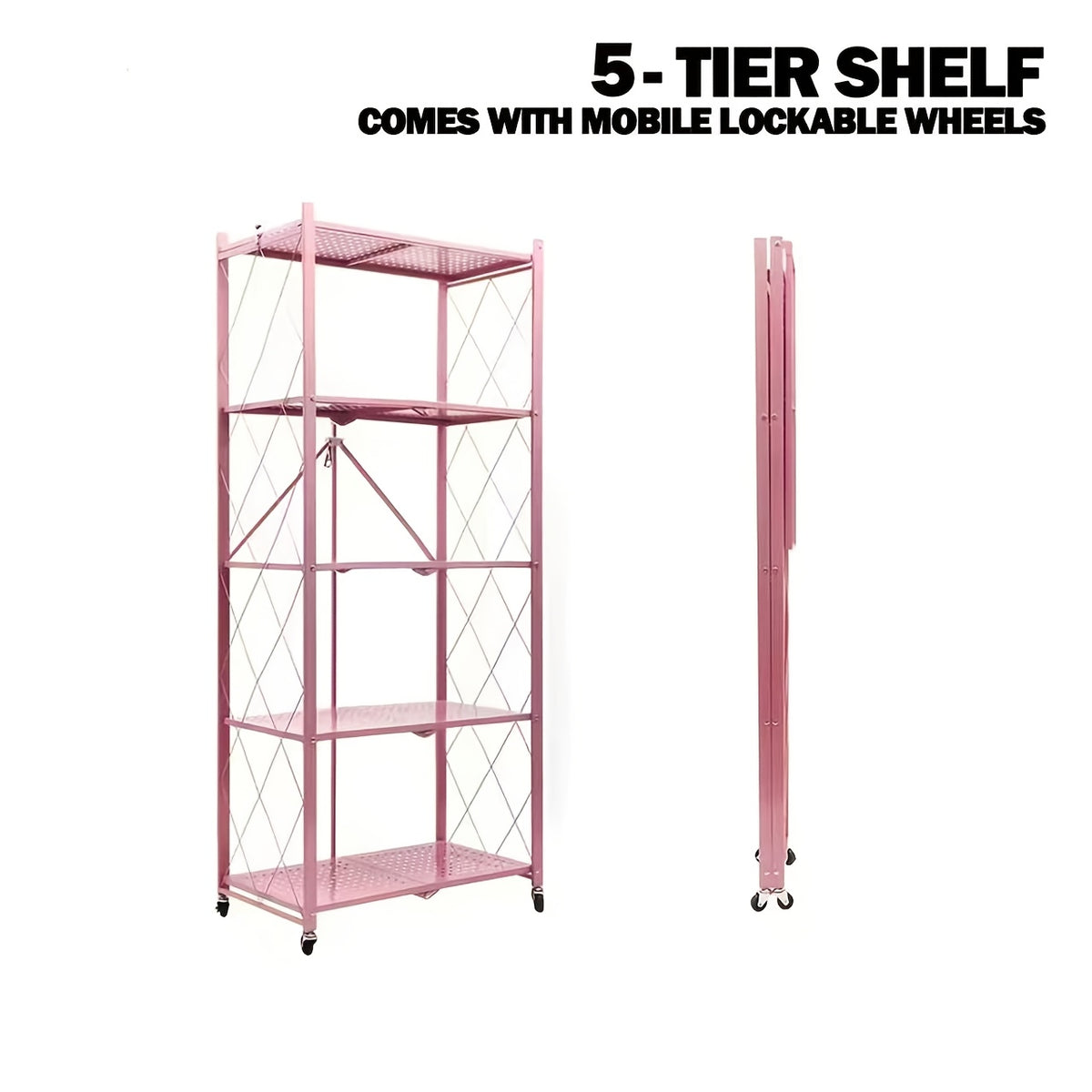 Rolling Folding Storage Rack with Metal Construction and Listed Locking Wheels, Three- to Five-Tier Model Labels for Kitchenware, Household and Dorm Organization