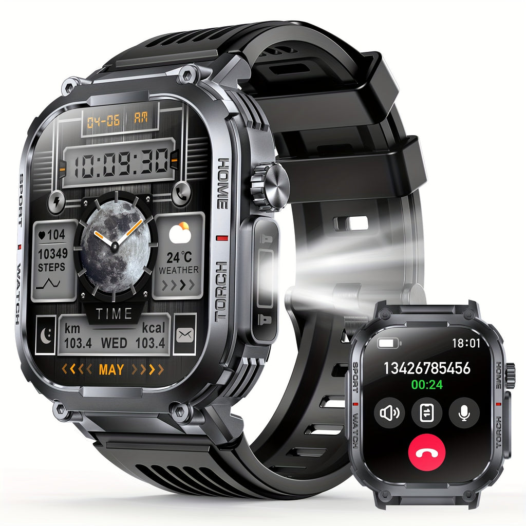 LED Flashlight Calling Smartwatch with Listed 2.02-Inch TFT Screen, Step Counting and Sleep Tracking Features, iOS Android Option for Everyday Wear