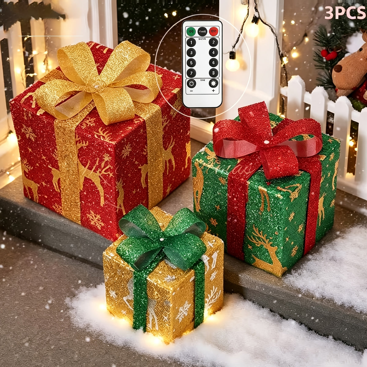 Christmas Gift Box Lights, 3-Pack 75-LED Warm Holiday Decoration with Remote Control, Timer and 8 Lighting Modes for Indoor and Outdoor Displays