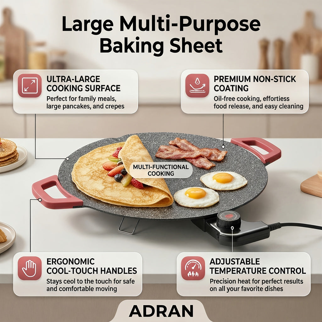 Red-Handle Electric Griddle with Nonstick Cooking Surface and Adjustable Heat Settings for Breakfast, Home BBQ and Family Meals, AR-01 or AR-02 Options